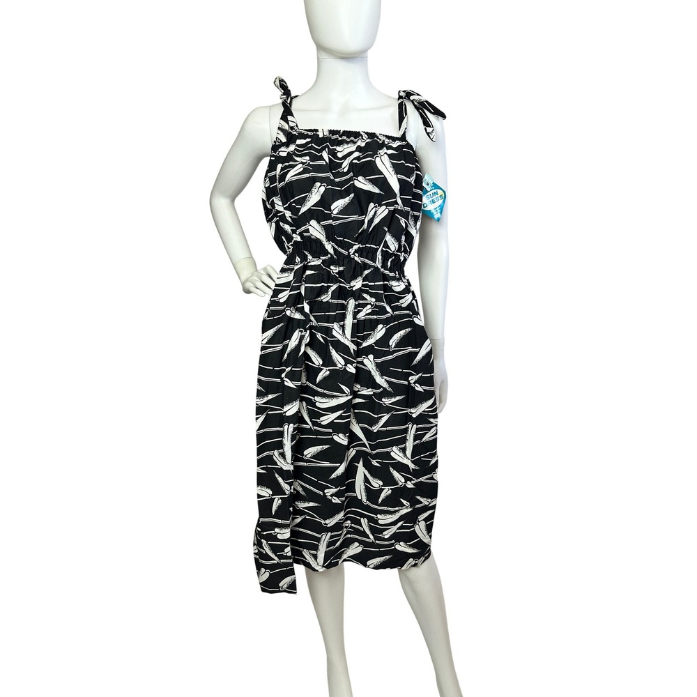 Vintage 80s Sun Dress Womens Black White Abstract Print Tie Strap Midi Dress